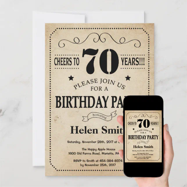 70th Birthday Invitation Rustic Vintage Retro | Zazzle