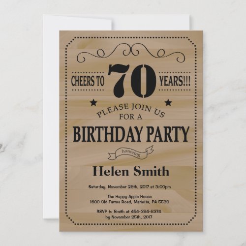 70th Birthday Invitation Rustic Wood