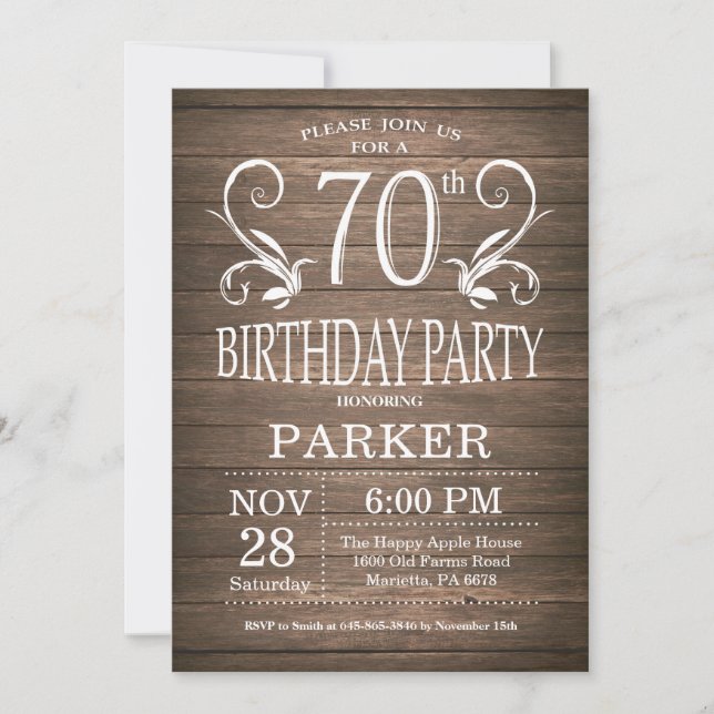 70th Birthday Invitation Rustic Wood Floral (Front)