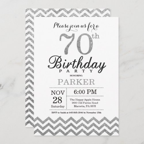 70th Birthday Invitation Silver Glitter