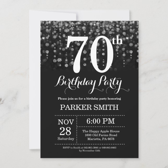 70th Birthday Invitation Silver Glitter (Front)