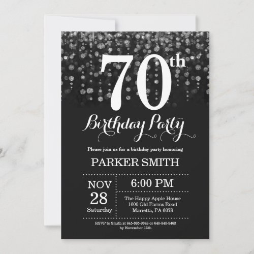 70th Birthday Invitation Silver Glitter