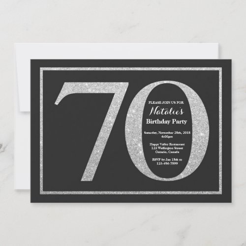 70th Birthday Invitation Silver Glitter Chalkboard