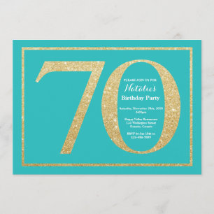 70th Birthday Invitation Teal and Gold Glitter