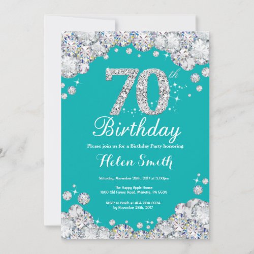 70th Birthday Invitation Teal and Silver Diamond