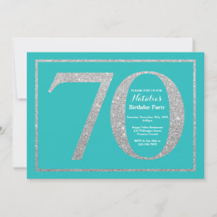 70th Birthday Invitation Teal and Silver Glitter
