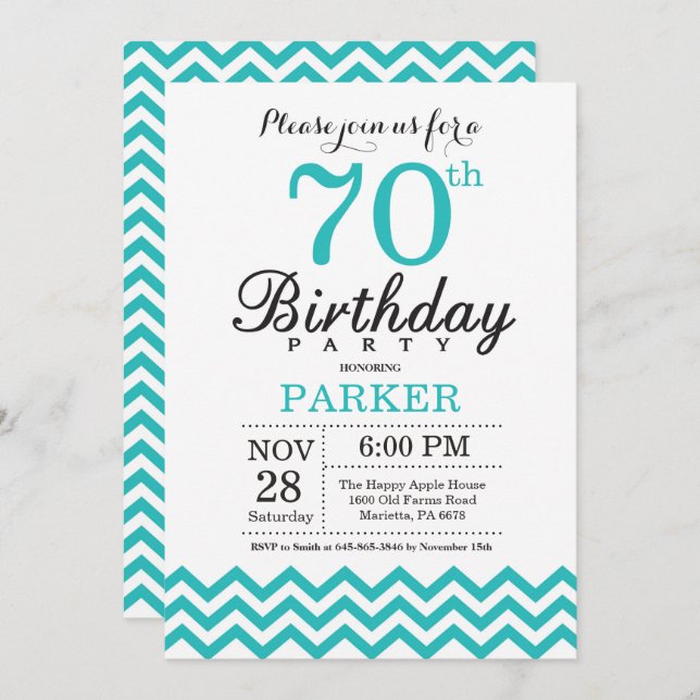 70th Birthday Invitation Teal Chevron (Front/Back)