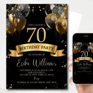 70th Birthday Invitation Template: Black & Gold Ba