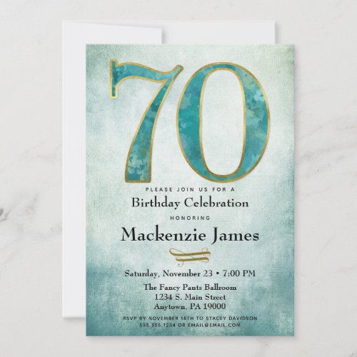70th Birthday Invitation Turquoise Blue Gold Adult