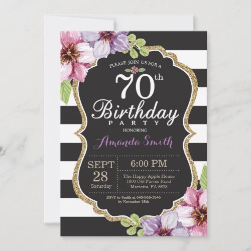 70th Birthday Invitation Women Floral Gold Black