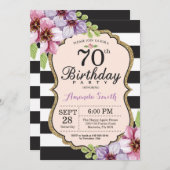 70th Birthday Invitation Women. Floral Gold Black (Front/Back)