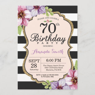 70th Birthday Invitation Women. Floral Gold Black