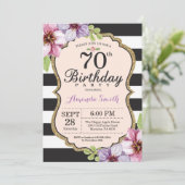 70th Birthday Invitation Women. Floral Gold Black (Standing Front)