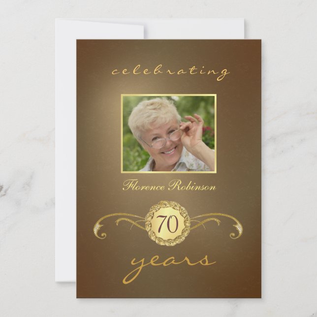 70th Birthday Invitations - Antique Gold Monogram (Front)