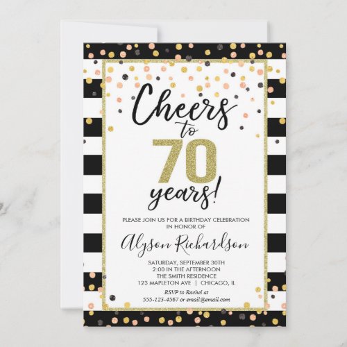 70th birthday invitations black and gold cheers invitation