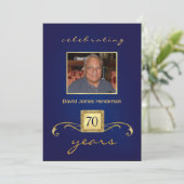 70th Birthday Invitations - Blue Monogram & Photo (Standing Front)