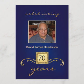 70th Birthday Invitations - Blue Monogram & Photo