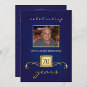 70th Birthday Invitations - Blue Monogram & Photo (Front/Back)