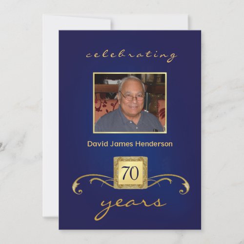 70th Birthday Invitations - Blue Monogram &amp; Photo