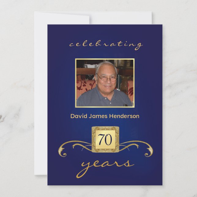 70th Birthday Invitations - Blue Monogram & Photo (Front)