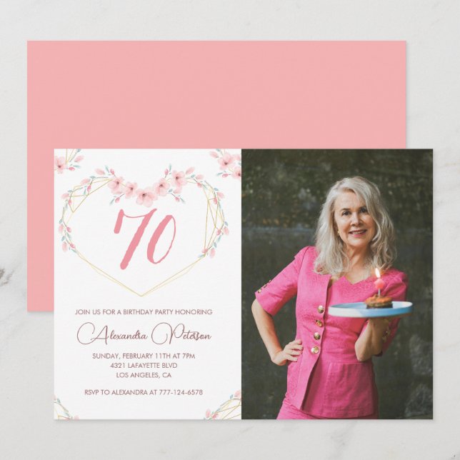 70th birthday invitations Boho Floral Photo (Front/Back)