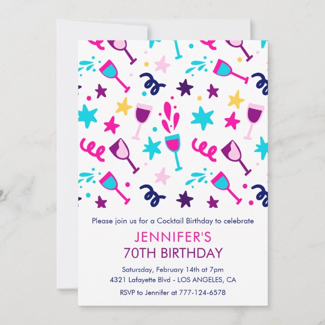 70th birthday invitations Cocktail Modern Pink (Front)