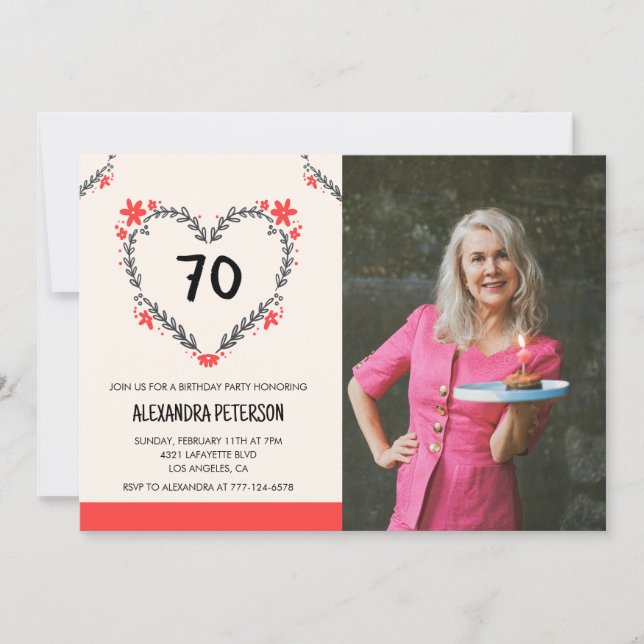 70th birthday invitations for her Floral Heart (Front)