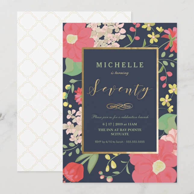 70th Birthday Invite -Elegant Floral - Custom (Front/Back)