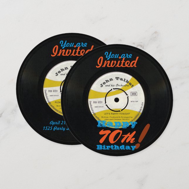 70th Birthday Invite Retro Vinyl Record 45 RPM (Front/Back)
