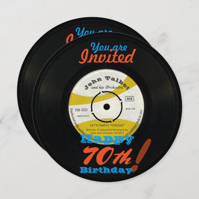 70th Birthday Invite Retro Vinyl Record 45 RPM (Front/Back)