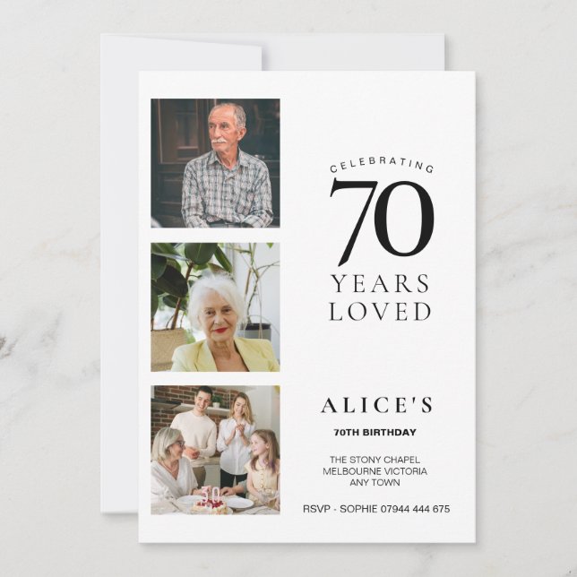70th Birthday Invite with Photo, Minimal Simple (Front)