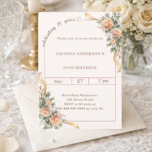 70th birthday ivory cream florals ribbon invitation