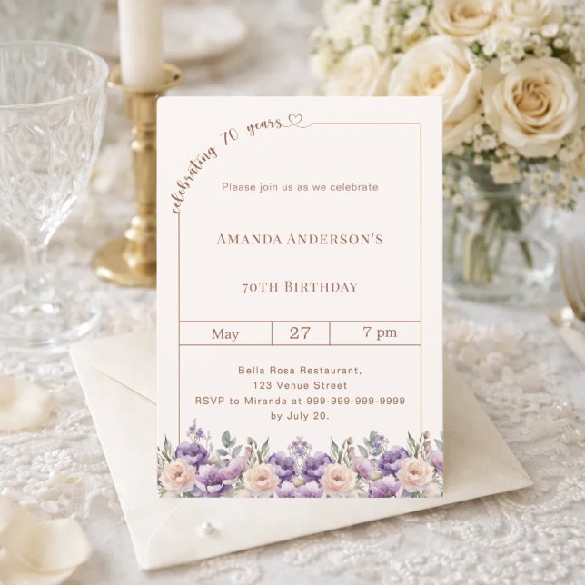 70th birthday ivory lavender florals  invitation (Creator Uploaded)