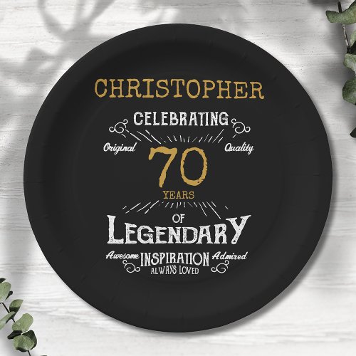 70th Birthday Legendary Black Gold Retro Paper Plates