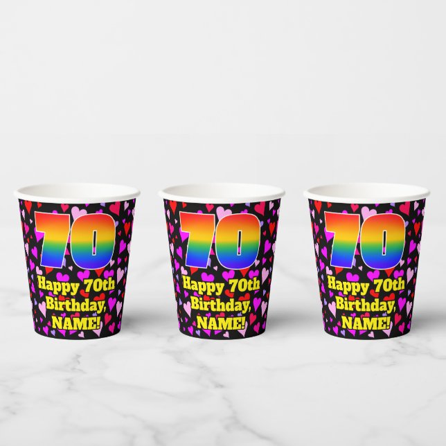 70th Birthday: Loving Hearts Pattern, Rainbow 70 Paper Cups (Multi)