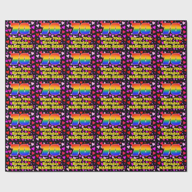 70th Birthday: Loving Hearts Pattern, Rainbow # 70 Wrapping Paper (Seam)