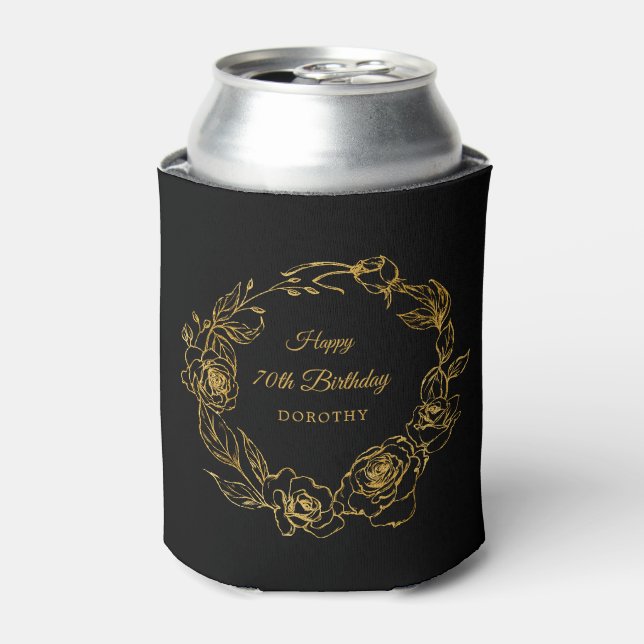 70th Birthday Luxe Gold Rose Personalized Black Can Cooler (Can Front)