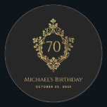 70th Birthday Man Black Gold Elegant Vintage Crest Classic Round Sticker<br><div class="desc">An elegant black and gold design with the age in a vintage crest, recommended for a man's birthday. The crest is faux gold foil, the background is black. Under the crest, in small caps, there are the name and occasion in golden letters and the date. The vintage floral crest from...</div>