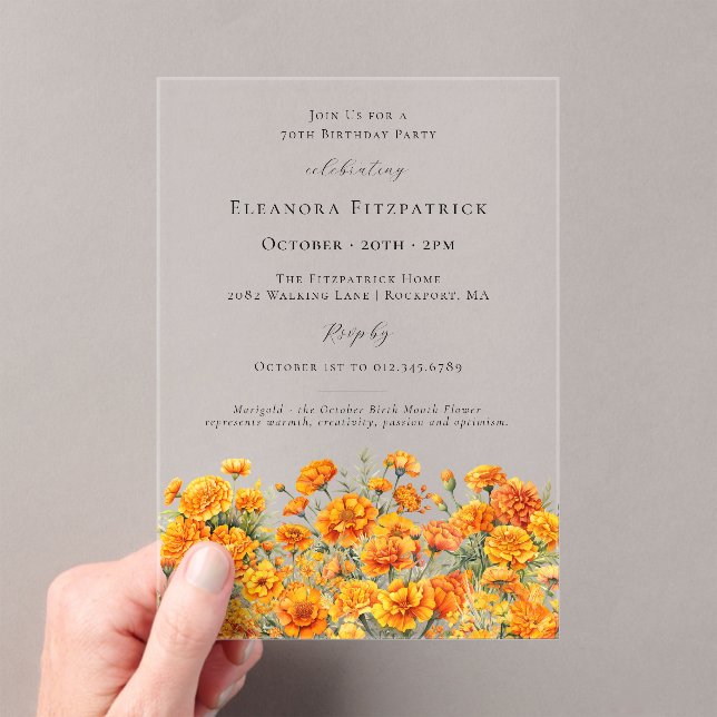 70th Birthday Marigold October Birth Month Flower Acrylic Invitations (Insitu (Handheld))