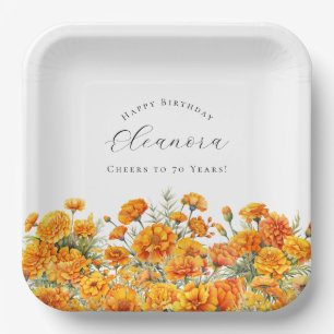 70th Birthday Marigold October Birth Month Flower Paper Plates