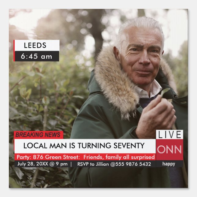 70th Birthday Men's 🎉 Funny TV News Fake Media Sign (Front)