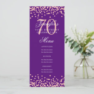 70th Birthday Menu Rose Gold Confetti Purple Invitation