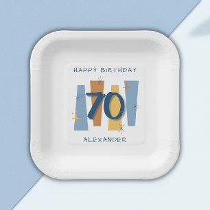 70th Birthday Midcentury Modern Retro Blue Paper Plates