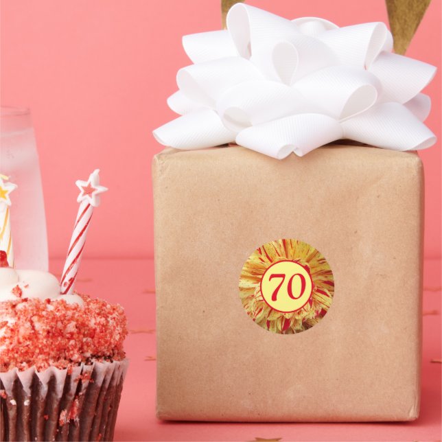 70th Birthday Milestone Red and Yellow Dahlia Classic Round Sticker (Party)