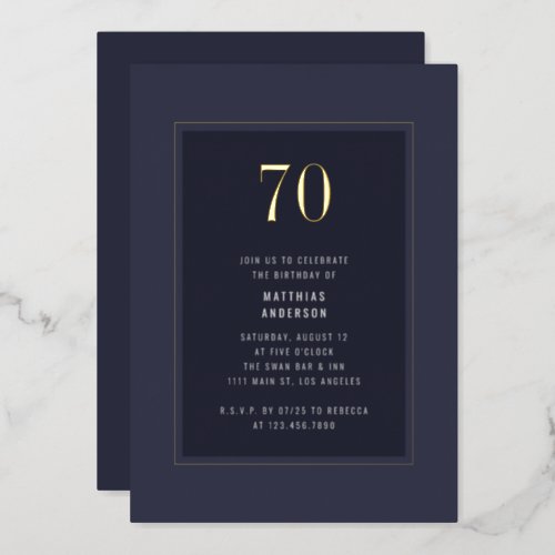 70th Birthday Minimal Elegant Dark Gold Frame Foil Invitation