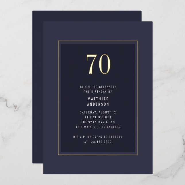 70th Birthday Minimal Elegant Dark Gold Frame Foil Invitation (Front/Back)