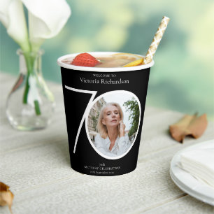 70th Birthday Minimalist Black Typography Photo Paper Cups