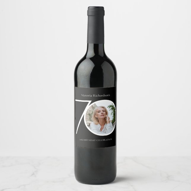 70th Birthday Minimalist Black Typography Photo  Wine Label (Front)