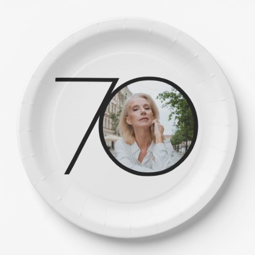 70th Birthday Minimalist Black White Custom Photo  Paper Plates