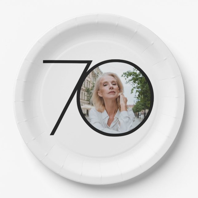 70th Birthday Minimalist Black White Custom Photo  Paper Plates (Front)
